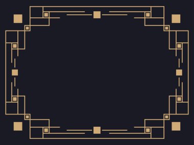 Art deco çerçeve. Klasik doğrusal sınır. Davetiyeler, broşürler ve tebrik kartları için bir şablon tasarla. Geometrik altın çerçeveli. 1920 'lerin tarzı - 1930' lar. Vektör illüstrasyonu