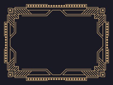 Art deco çerçeve. Klasik doğrusal sınır. Davetiyeler, broşürler ve tebrik kartları için bir şablon tasarla. Geometrik altın çerçeveli. 1920 'lerin tarzı - 1930' lar. Vektör illüstrasyonu