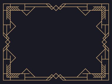 Art deco çerçeve. Klasik doğrusal sınır. Davetiyeler, broşürler ve tebrik kartları için bir şablon tasarla. Geometrik altın çerçeveli. 1920 'lerin tarzı - 1930' lar. Vektör illüstrasyonu