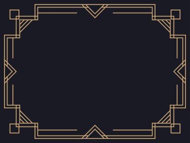 Art deco çerçeve. Klasik doğrusal sınır. Davetiyeler, broşürler ve tebrik kartları için bir şablon tasarla. Geometrik altın çerçeveli. 1920 'lerin tarzı - 1930' lar. Vektör illüstrasyonu