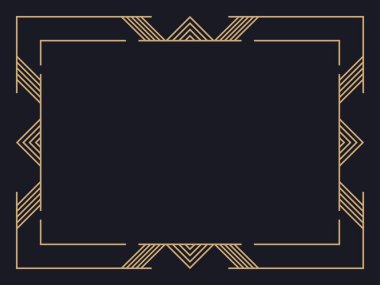 Art deco çerçeve. Klasik doğrusal sınır. Davetiyeler, broşürler ve tebrik kartları için bir şablon tasarla. Geometrik altın çerçeveli. 1920 'lerin tarzı - 1930' lar. Vektör illüstrasyonu