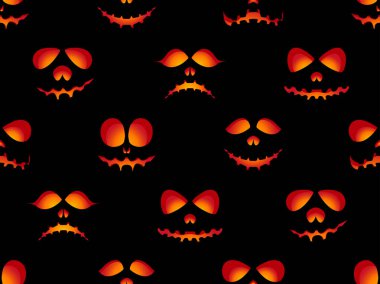 Korkunç suratlı, kusursuz bir Cadılar Bayramı deseni. Siyah arka planda şeytani gözleri ateşle. Hayalet maskesi. Afişler, afişler, ambalaj kağıtları ve promosyon ürünleri için şenlikli arka plan tasarımı. Vektör illüstrasyonu