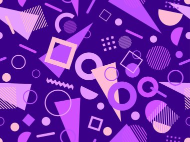 Memphis kusursuz desen. Geometrik elementler 80 'ler tarzında memphis. Kağıt, reklam materyali ve kumaş basmak için modaya uygun bir geçmişe dönüş. Vektör illüstrasyonu