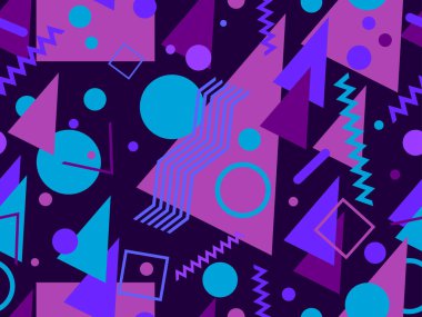 Memphis kusursuz desen. Geometrik elementler 80 'ler tarzında memphis. Kağıt, reklam materyali ve kumaş basmak için modaya uygun bir geçmişe dönüş. Vektör illüstrasyonu