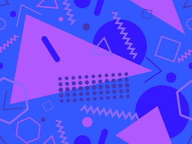 Memphis kusursuz desen. Geometrik elementler 80 'ler tarzında memphis. Kağıt, reklam materyali ve kumaş basmak için modaya uygun bir geçmişe dönüş. Vektör illüstrasyonu