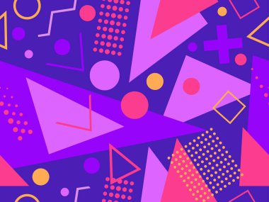 Memphis kusursuz desen. Geometrik elementler 80 'ler tarzında memphis. Kağıt, reklam materyali ve kumaş basmak için modaya uygun bir geçmişe dönüş. Vektör illüstrasyonu