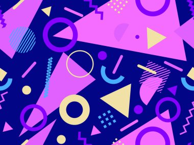 Memphis kusursuz desen. Geometrik elementler 80 'ler tarzında memphis. Kağıt, reklam materyali ve kumaş basmak için modaya uygun bir geçmişe dönüş. Vektör illüstrasyonu