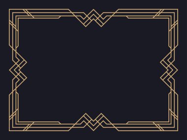 Art deco çerçeve. Klasik doğrusal sınır. Davetiyeler, broşürler ve tebrik kartları için bir şablon tasarla. Geometrik altın çerçeveli. 1920 'lerin tarzı - 1930' lar. Vektör illüstrasyonu