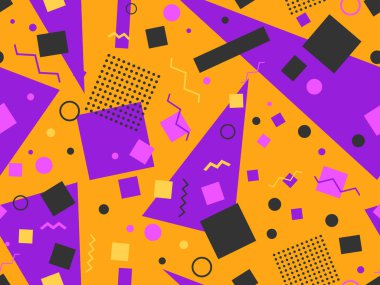 Memphis kusursuz desen. Geometrik elementler 80 'ler tarzında memphis. Kağıt, reklam materyali ve kumaş basmak için modaya uygun bir geçmişe dönüş. Vektör illüstrasyonu