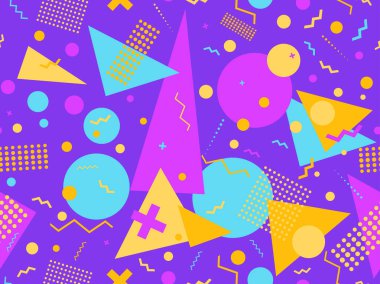 Memphis kusursuz desen. Geometrik elementler 80 'ler tarzında memphis. Kağıt, reklam materyali ve kumaş basmak için modaya uygun bir geçmişe dönüş. Vektör illüstrasyonu