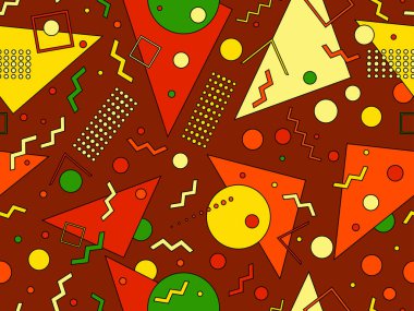 80 'lerin memphis tarzında geometrik kusursuz desen. Darbelerle geometrik şekiller. Soyut renkli arkaplan. Broşürler, afişler ve promosyon malzemeleri için tasarım. Vektör illüstrasyonu