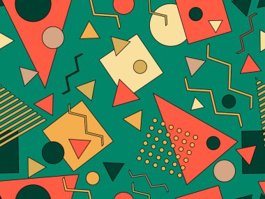 80 'lerin memphis tarzında geometrik kusursuz desen. Darbelerle geometrik şekiller. Soyut renkli arkaplan. Broşürler, afişler ve promosyon malzemeleri için tasarım. Vektör illüstrasyonu