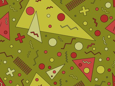 80 'lerin memphis tarzında geometrik kusursuz desen. Darbelerle geometrik şekiller. Soyut renkli arkaplan. Broşürler, afişler ve promosyon malzemeleri için tasarım. Vektör illüstrasyonu