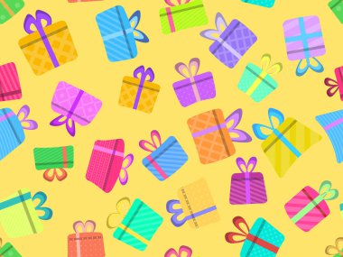 Renkli hediye kutularının düz bir şekli var. Kutlama kartı, ambalaj kağıdı, pankart ve promosyon malzemeleri için şölen tasarımı. Vektör illüstrasyonu