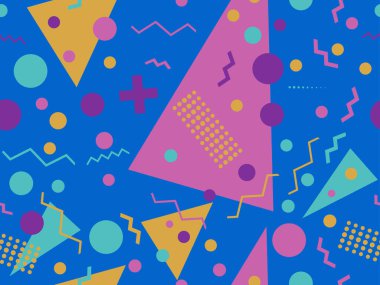 Boho renk paletinde 80 'lerin geometrik kusursuz deseni. Soyut pastel renk arkaplanı. Broşürler, afişler ve promosyon malzemeleri için tasarım. Vektör illüstrasyonu
