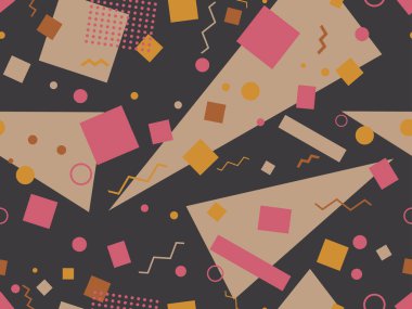 Boho renk paletinde 80 'lerin geometrik kusursuz deseni. Soyut pastel renk arkaplanı. Broşürler, afişler ve promosyon malzemeleri için tasarım. Vektör illüstrasyonu