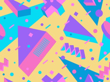 80 'lerin memphis tarzında 3 boyutlu geometrik kusursuz desen. Farklı renklerde Isometric geometrik şekiller. Paket kağıdı, promosyon malzemeleri ve kumaşlar için tasarım. Vektör illüstrasyonu