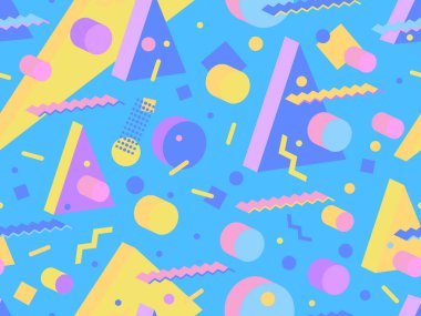 80 'lerin memphis tarzında 3 boyutlu geometrik kusursuz desen. Farklı renklerde Isometric geometrik şekiller. Paket kağıdı, promosyon malzemeleri ve kumaşlar için tasarım. Vektör illüstrasyonu