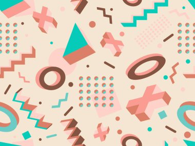 80 'lerin memphis tarzında 3 boyutlu geometrik kusursuz desen. Farklı renklerde Isometric geometrik şekiller. Paket kağıdı, promosyon malzemeleri ve kumaşlar için tasarım. Vektör illüstrasyonu