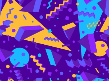 80 'lerin memphis tarzında 3 boyutlu geometrik kusursuz desen. Farklı renklerde Isometric geometrik şekiller. Paket kağıdı, promosyon malzemeleri ve kumaşlar için tasarım. Vektör illüstrasyonu