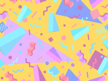 80 'lerin memphis tarzında 3 boyutlu geometrik kusursuz desen. Farklı renklerde Isometric geometrik şekiller. Paket kağıdı, promosyon malzemeleri ve kumaşlar için tasarım. Vektör illüstrasyonu