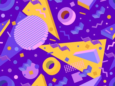 80 'lerin memphis tarzında 3 boyutlu geometrik kusursuz desen. Farklı renklerde Isometric geometrik şekiller. Paket kağıdı, promosyon malzemeleri ve kumaşlar için tasarım. Vektör illüstrasyonu