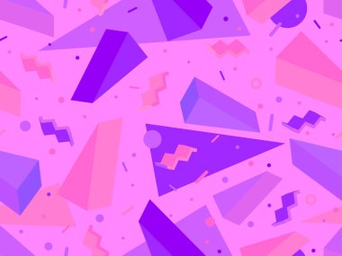 80 'lerin memphis tarzında 3 boyutlu geometrik kusursuz desen. Farklı renklerde Isometric geometrik şekiller. Paket kağıdı, promosyon malzemeleri ve kumaşlar için tasarım. Vektör illüstrasyonu
