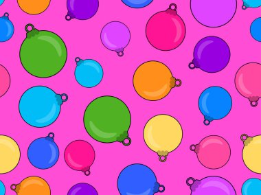 Noel topları kusursuz desen. Çok renkli Noel baloları. Kutlama kartları, ambalaj kağıtları, afişler ve posterler için Noel arkaplanı. Vektör illüstrasyonu 