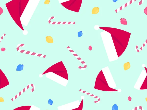 クリスマスボール ロリポップとサンタの帽子とクリスマスシームレスなパターン グリーティングカード 包装紙 バナーやポスターのための祭りのデザイン ベクターイラスト — ストックベクタ