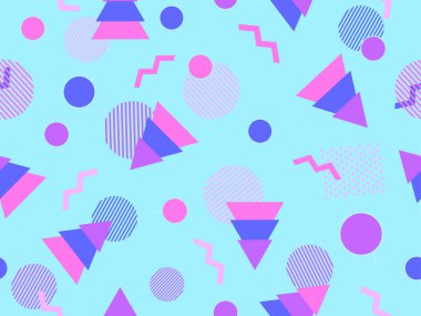 Noel ağaçları ve geometrik şekillerle 80 'ler tarzında kusursuz bir Noel deseni. Promosyon malzemeleri, ambalaj kağıtları ve afişler için Xmas tasarımı. Vektör illüstrasyonu