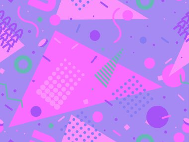 Memphis kusursuz desen. Geometrik elementler 80 'ler tarzında memphis. Kağıt, reklam materyali ve kumaş basmak için modaya uygun bir geçmişe dönüş. Vektör illüstrasyonu