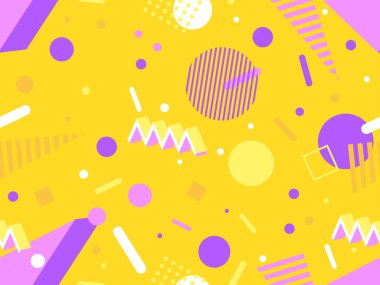 80 'lerin memphis tarzında geometrik kusursuz desen. İzometrik geometrik üç boyutlu şekiller. Kağıt, promosyon malzemesi ve kumaş basımı için modaya uygun bir geçmişe dönüş. Vektör illüstrasyonu