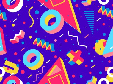 80 'lerin memphis tarzında geometrik kusursuz desen. İzometrik geometrik üç boyutlu şekiller. Kağıt, promosyon malzemesi ve kumaş basımı için modaya uygun bir geçmişe dönüş. Vektör illüstrasyonu