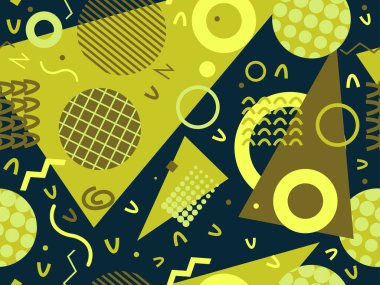 Memphis kusursuz desen. Geometrik elementler 80 'ler tarzında memphis. Kağıt, reklam materyali ve kumaş basmak için modaya uygun bir geçmişe dönüş. Vektör illüstrasyonu