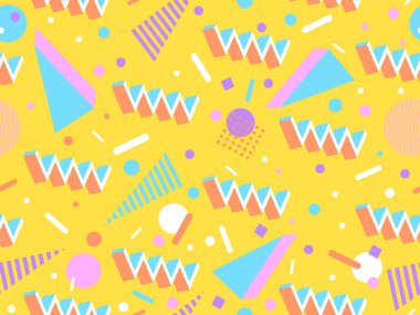 80 'lerin memphis tarzında geometrik kusursuz desen. İzometrik geometrik üç boyutlu şekiller. Kağıt, promosyon malzemesi ve kumaş basımı için modaya uygun bir geçmişe dönüş. Vektör illüstrasyonu