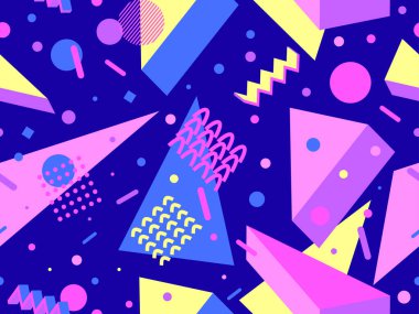 80 'lerin memphis tarzında geometrik kusursuz desen. İzometrik geometrik üç boyutlu şekiller. Kağıt, promosyon malzemesi ve kumaş basımı için modaya uygun bir geçmişe dönüş. Vektör illüstrasyonu