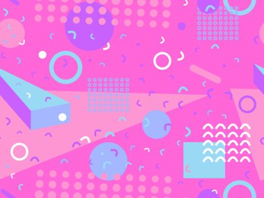 Memphis tarzında geometrik şekilli 80 'lerin kusursuz deseni. Daireler ve üçgenler. Promosyon ürünleri, afişler ve ambalaj kağıtları için renkli soyut bir arkaplan. Vektör illüstrasyonu