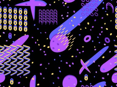 Elle çizilmiş 80 'ler stili geometrik dikişsiz desen. Memphis tarzı elementler. Baskı kağıdı, ambalaj kağıdı ve promosyon malzemeleri için renkli soyut bir arkaplan. Vektör illüstrasyonu