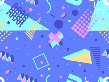 80 'lerin memphis tarzında geometrik kusursuz desen. İzometrik geometrik üç boyutlu şekiller. Kağıt, promosyon malzemesi ve kumaş basımı için modaya uygun bir geçmişe dönüş. Vektör illüstrasyonu