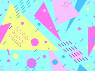 Memphis tarzında geometrik şekilli 80 'lerin kusursuz deseni. Daireler ve üçgenler. Promosyon ürünleri, afişler ve ambalaj kağıtları için renkli soyut bir arkaplan. Vektör illüstrasyonu