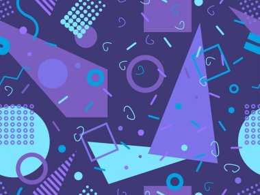 Memphis tarzında geometrik şekilli 80 'lerin kusursuz deseni. Daireler ve üçgenler. Promosyon ürünleri, afişler ve ambalaj kağıtları için renkli soyut bir arkaplan. Vektör illüstrasyonu