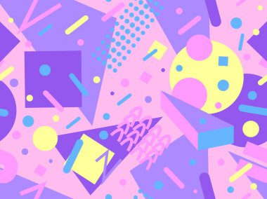 Memphis tarzında geometrik şekilli 80 'lerin kusursuz deseni. Daireler ve üçgenler. Promosyon ürünleri, afişler ve ambalaj kağıtları için renkli soyut bir arkaplan. Vektör illüstrasyonu