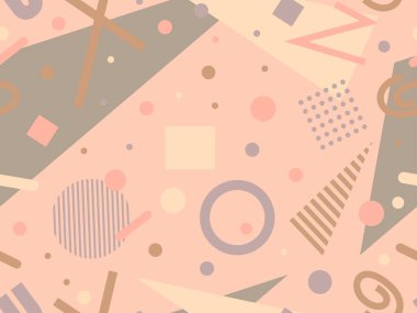 Memphis tarzında geometrik şekilli 80 'lerin kusursuz deseni. Daireler ve üçgenler. Promosyon ürünleri, afişler ve ambalaj kağıtları için renkli soyut bir arkaplan. Vektör illüstrasyonu