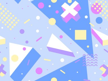 80 'lerin memphis tarzında geometrik kusursuz desen. İzometrik geometrik üç boyutlu şekiller. Kağıt, promosyon malzemesi ve kumaş basımı için modaya uygun bir geçmişe dönüş. Vektör illüstrasyonu