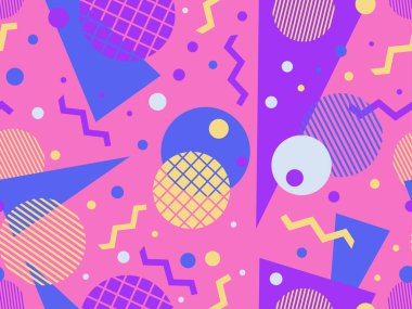 Memphis tarzında geometrik şekilli 80 'lerin kusursuz deseni. Daireler ve üçgenler. Promosyon ürünleri, afişler ve ambalaj kağıtları için renkli soyut bir arkaplan. Vektör illüstrasyonu