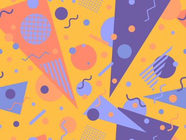 Memphis tarzında geometrik şekilli 80 'lerin kusursuz deseni. Daireler ve üçgenler. Promosyon ürünleri, afişler ve ambalaj kağıtları için renkli soyut bir arkaplan. Vektör illüstrasyonu