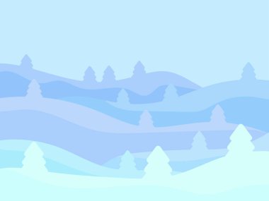 Minimalizm tarzında kış manzarası. Karla kaplı tepeler ve köknar ağaçları olan dağlar. Karlı dalgalı manzara. Baskı ve posterler için tasarım, promosyon ürünleri. Vektör illüstrasyonu