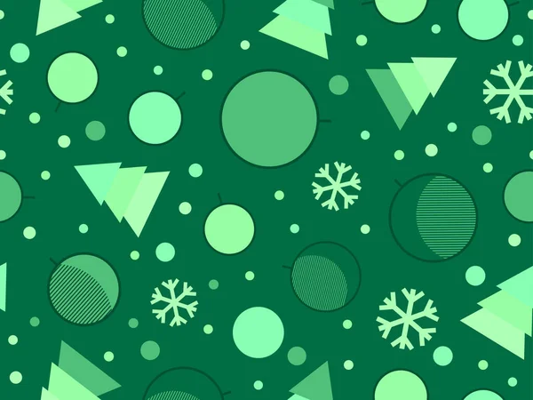 Bezproblémový Vzor Vánočními Stromky Vánočními Míčky Vločkami Zelená Barva Vánoční — Stockový vektor
