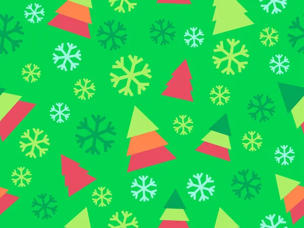 クリスマスツリーや雪の結晶とシームレスなパターン 緑と赤の色 販促資料に印刷するためのクリスマスのお祝いの背景 包装紙やバナー ベクターイラスト — ストックベクタ
