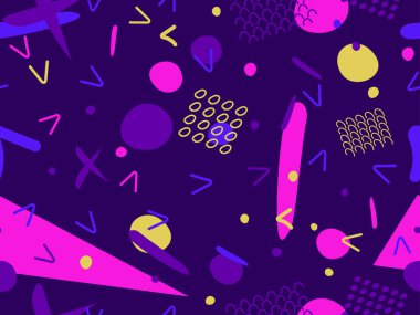 80 'lerin tarzında, geometrik, pürüzsüz desen. Memphis tarzı elementler. Baskı kağıdı, ambalaj kağıdı ve promosyon malzemeleri için renkli soyut bir arkaplan. Vektör illüstrasyonu